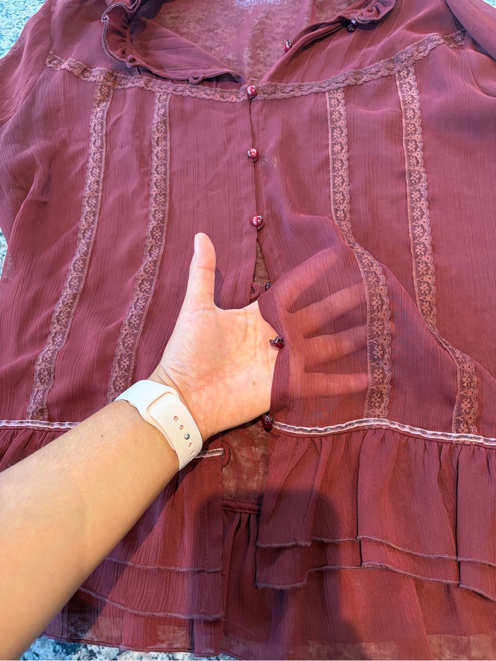 George Burgundy Ruffled Button-Front Blouse - Picture 2 of 4